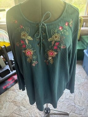 Blair Teal Ribbed Lace-Up Tunic with Pink & Gold Floral Embroidery
